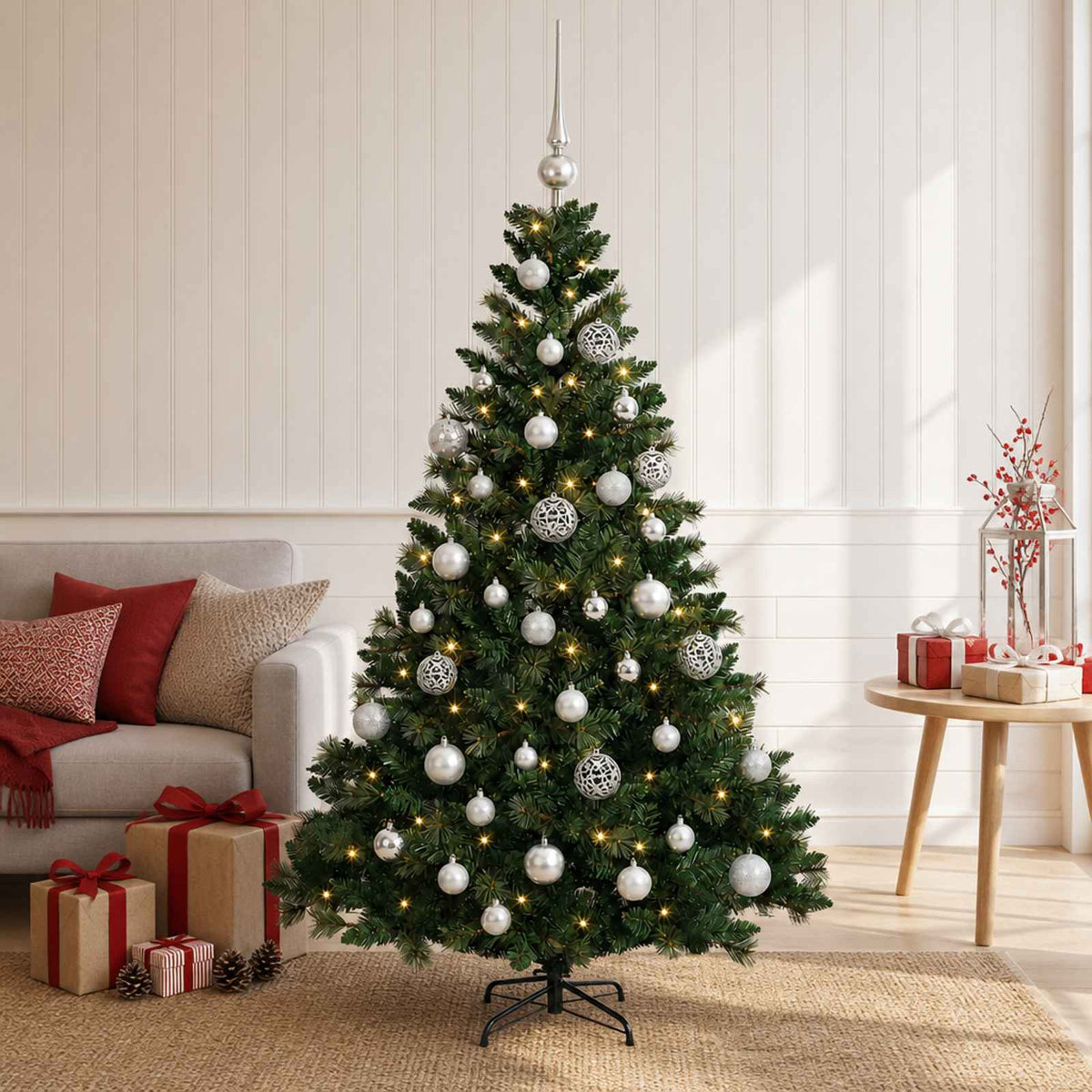 Umjetno božićno drvce s kuglicama 120 cm 150 LED lampica