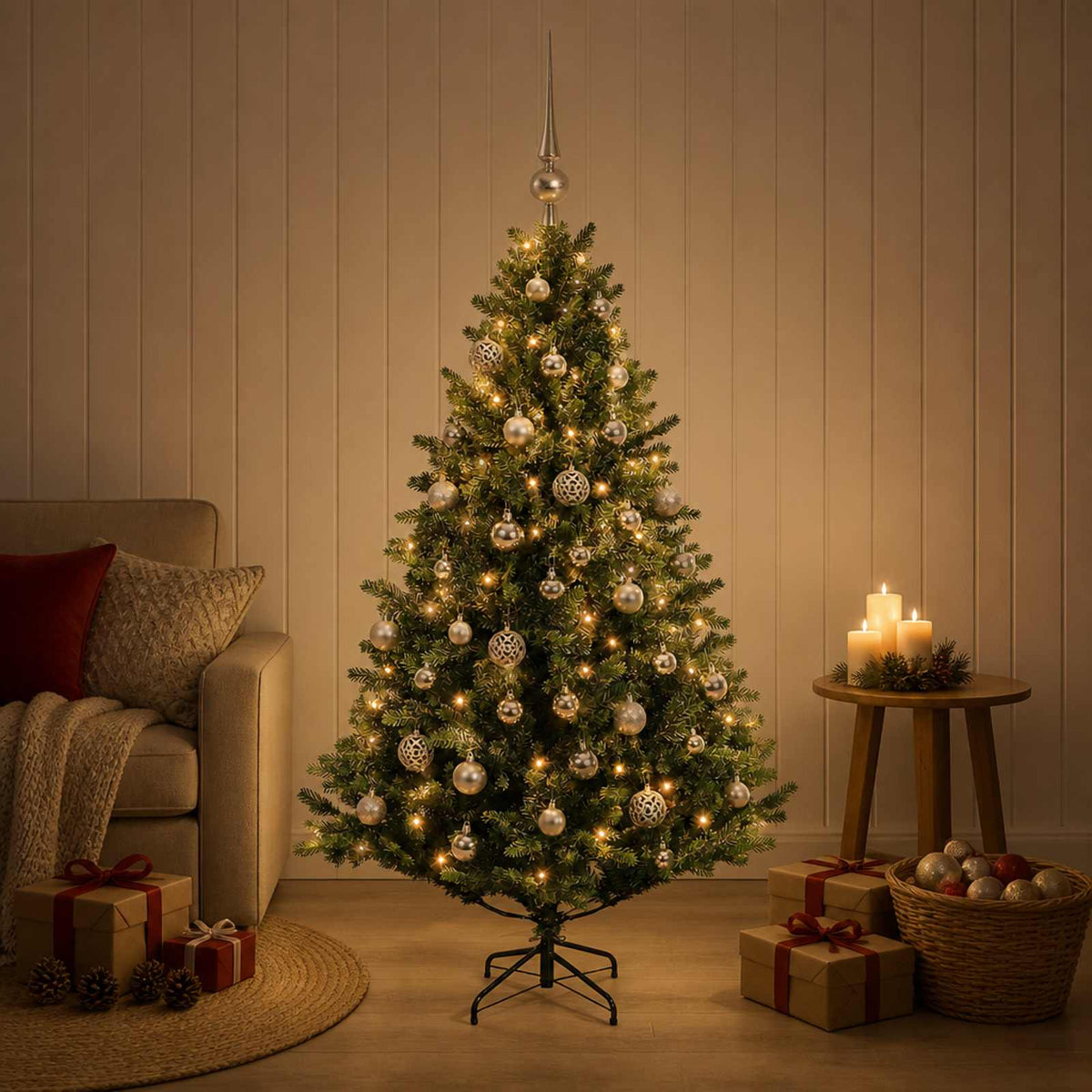 Umjetno božićno drvce s kuglicama 150 cm 150 LED lampica