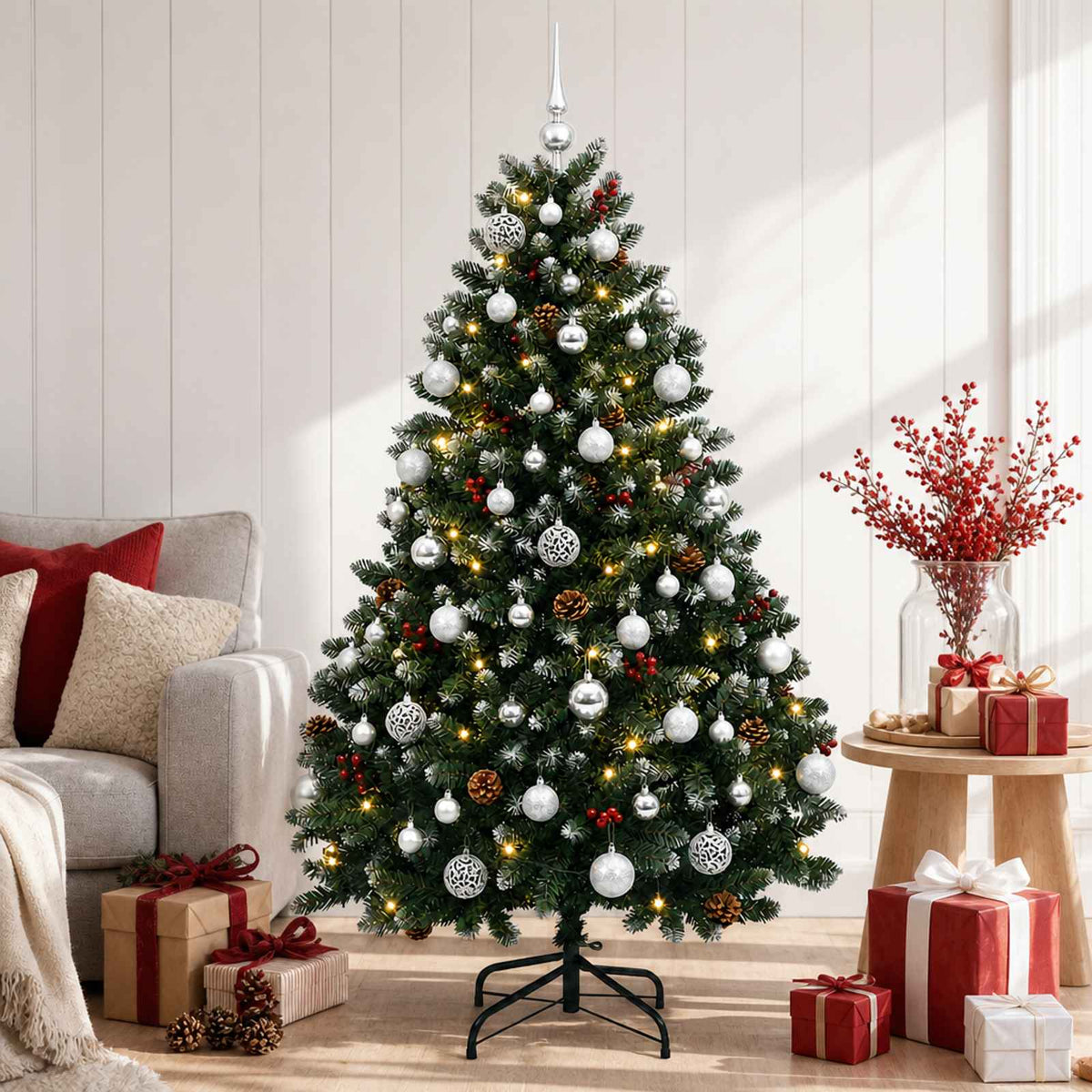 Umjetno božićno drvce zeleno s kuglicama 150 cm 150 LED lampica