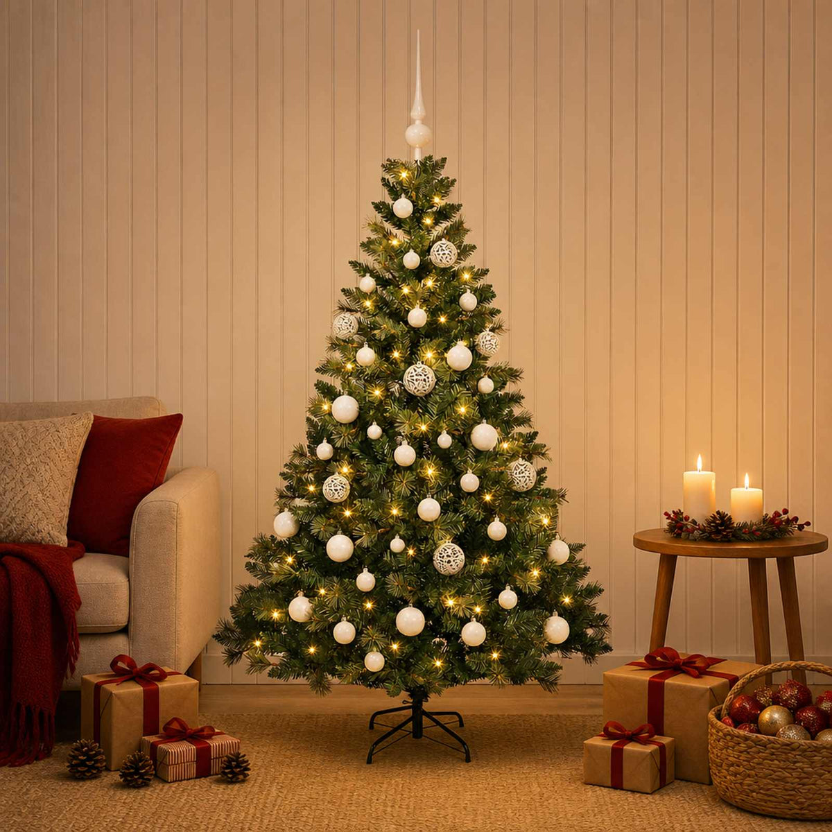 Umjetno božićno drvce s kuglicama 150 cm 150 LED lampica