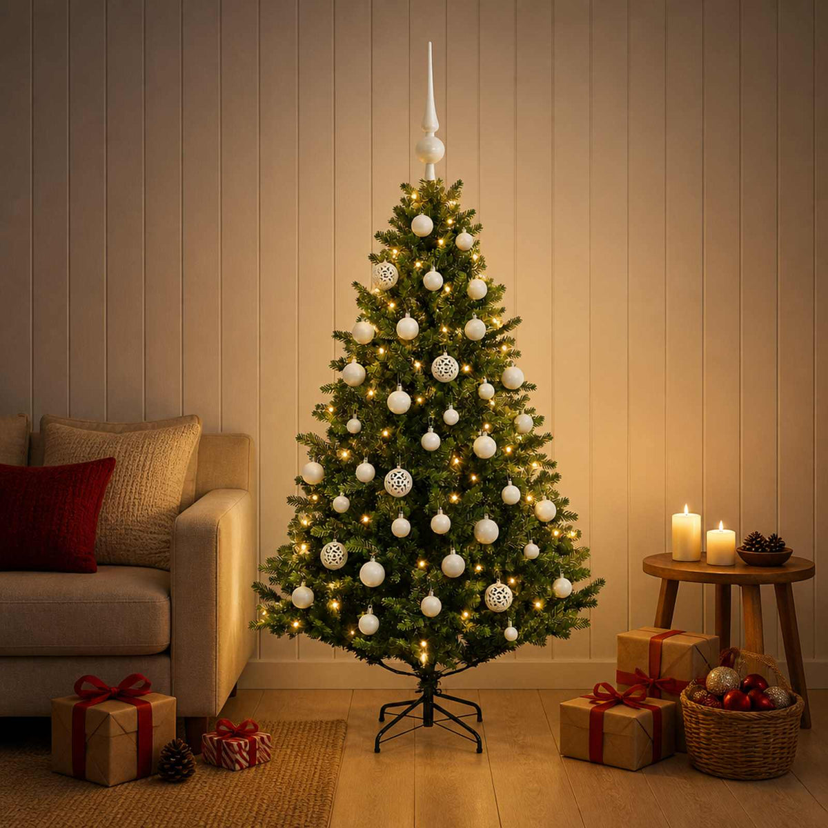 Umjetno božićno drvce s kuglicama 150 cm 150 LED lampica