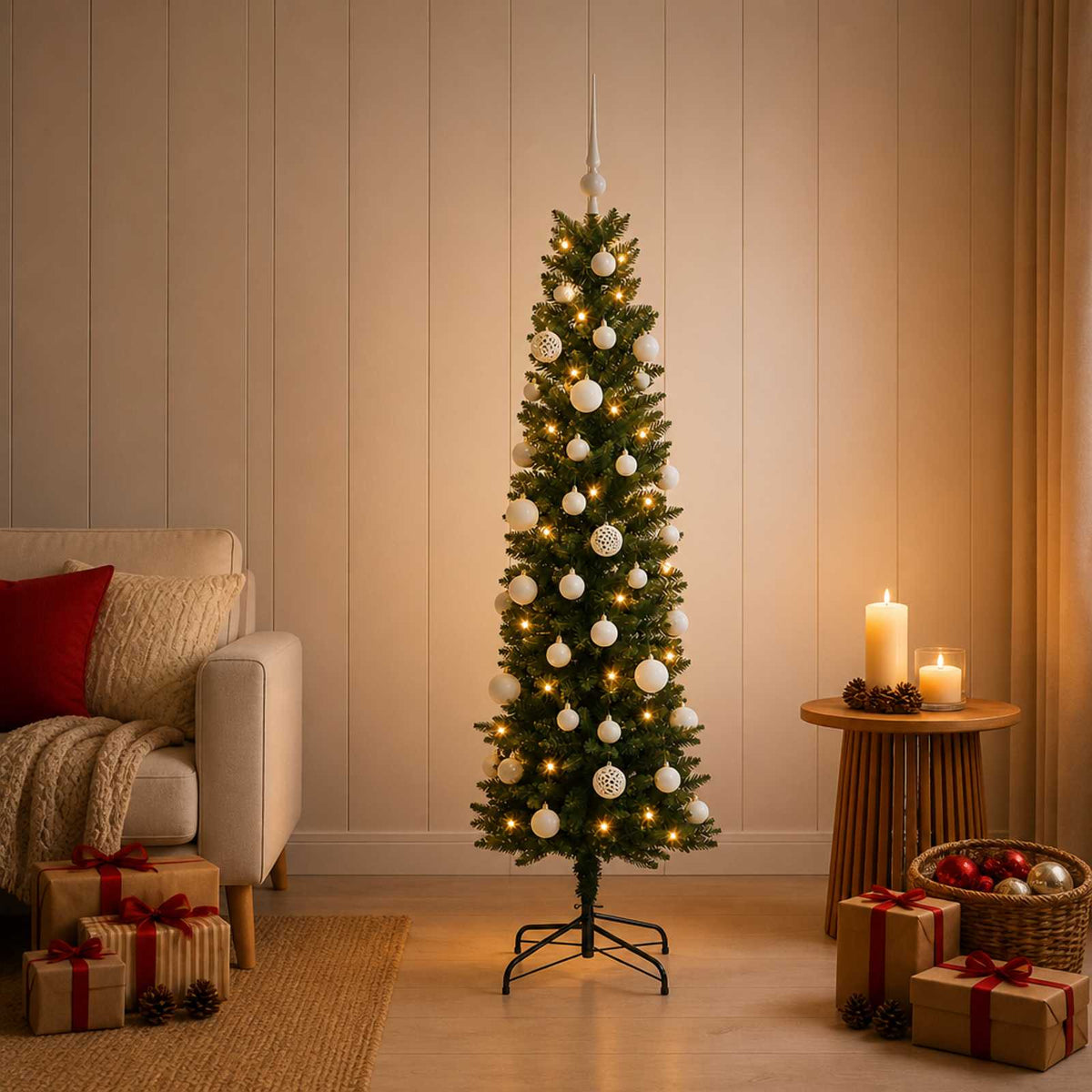 Umjetno usko božićno drvce s kuglicom 120 cm 150 LED lampica
