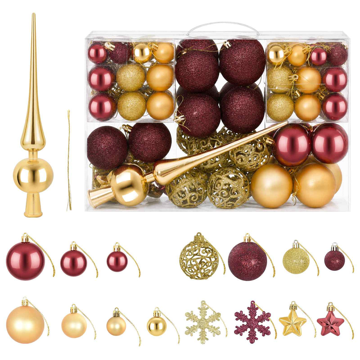 Set božićnih kuglica 111 kom. Zlatna i vinsko crvena 6 cm
