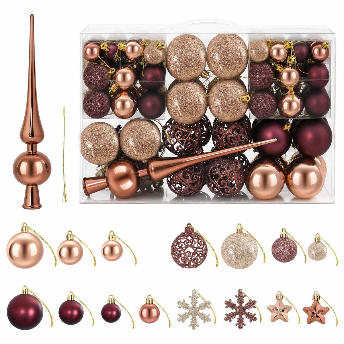 Set božićnih kuglica 111 kom. Boja šampanjca i smeđa 6 cm