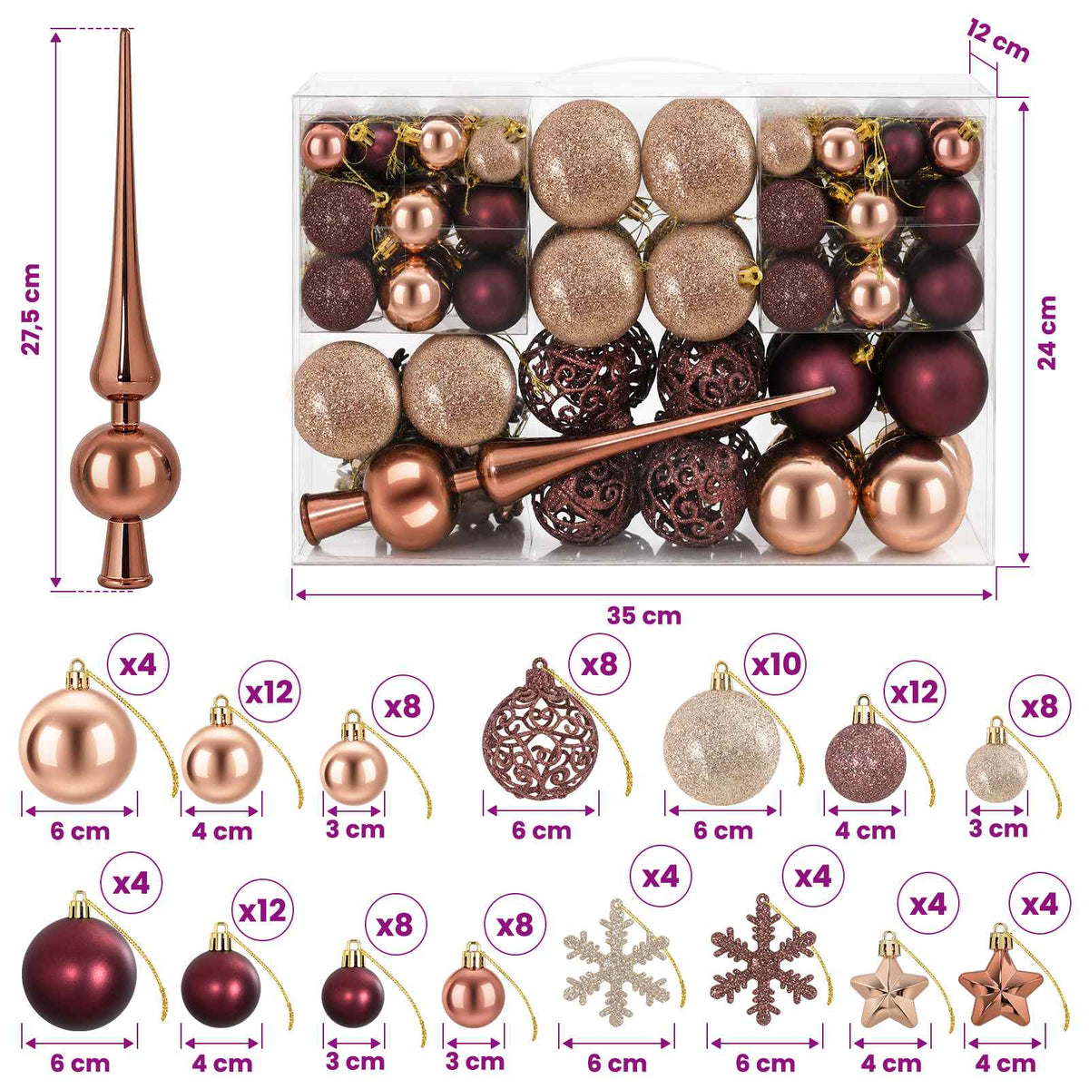 Set božićnih kuglica 111 kom. Boja šampanjca i smeđa 6 cm