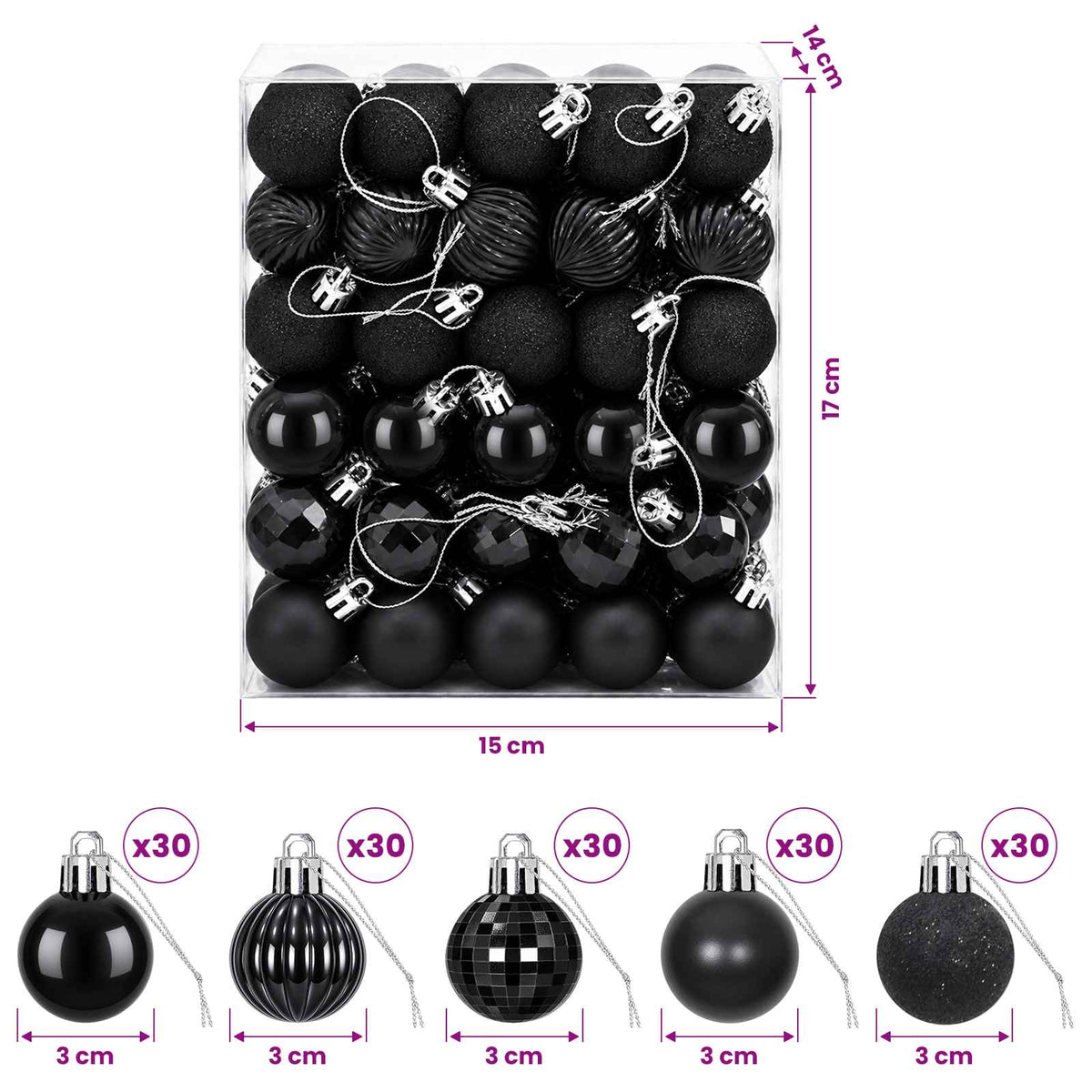 Set božićnih kuglica 150 kom. Crna 3 cm Polistiren