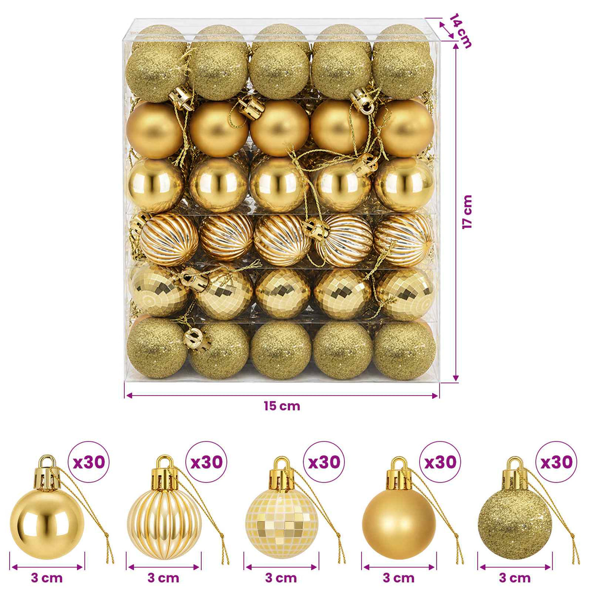 Set božićnih kuglica 150 kom. Zlatno 3 cm Polistiren