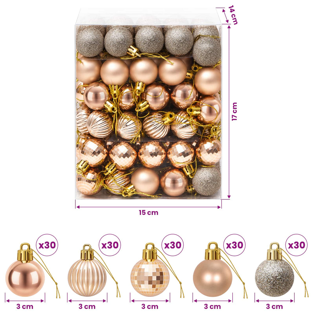 Set božićnih kuglica 150 kom. Ružičasto zlatni 3 cm Polistiren