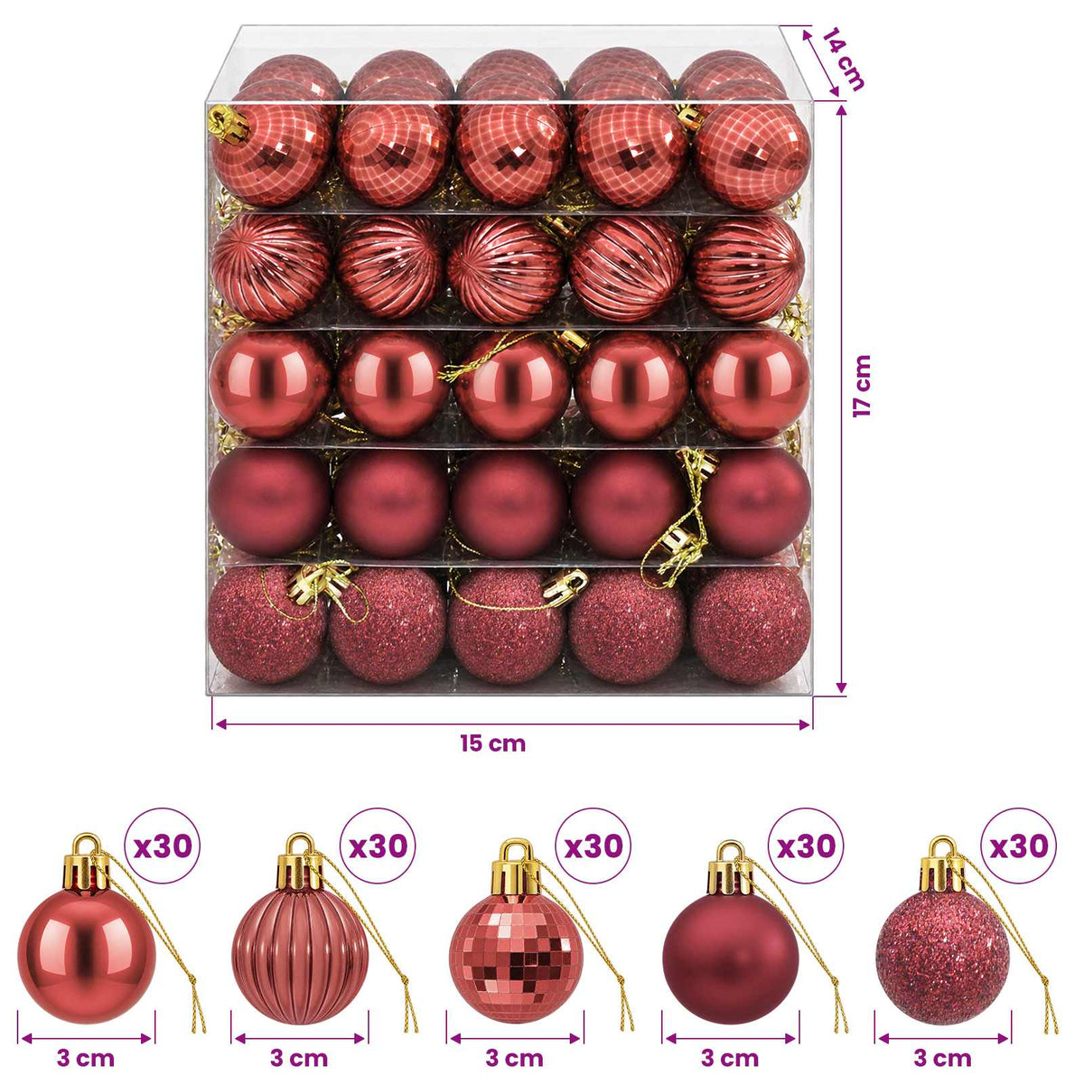 Set božićnih kuglica 150 kom. Vinska crvena 3 cm Polistiren