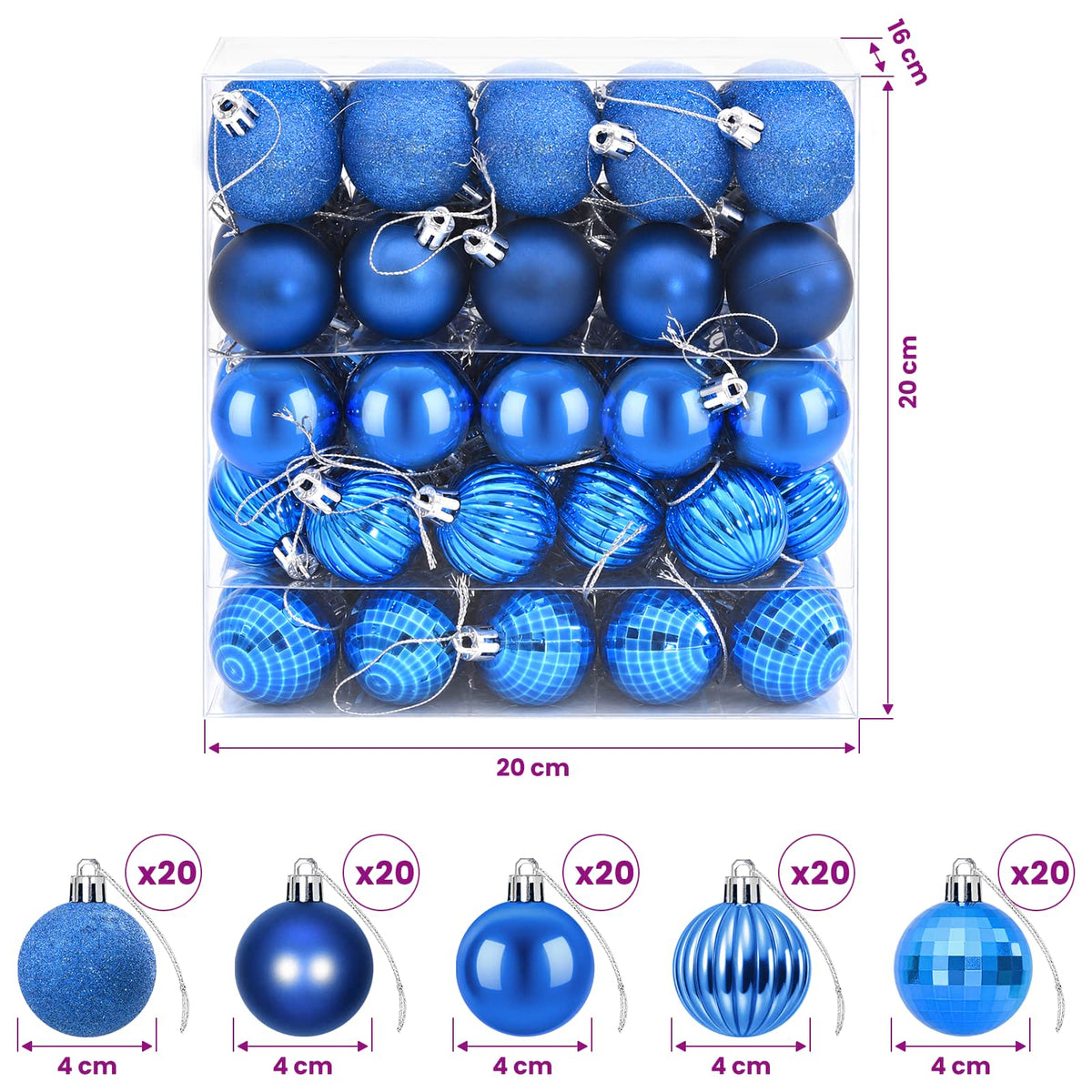 Set božićnih kuglica 100 kom. Plava 4 cm Polistiren