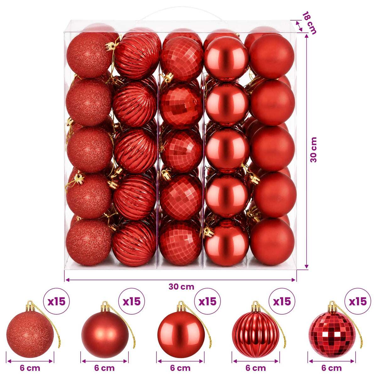 Set božićnih kuglica 75 kom. Crvena 6 cm Polistiren
