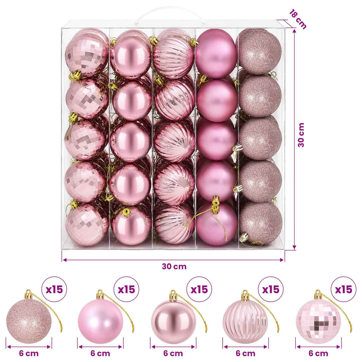 Set božićnih kuglica 75 kom. Ružičasta 6 cm Polistiren