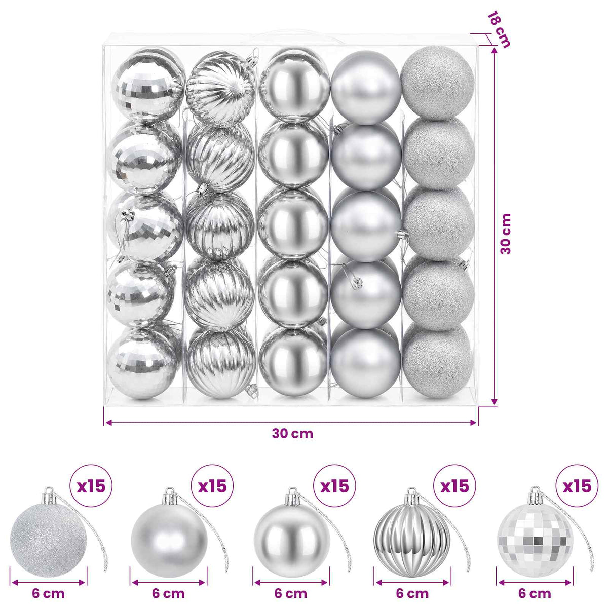 Set božićnih kuglica 75 kom. Srebrna 6 cm Polistiren