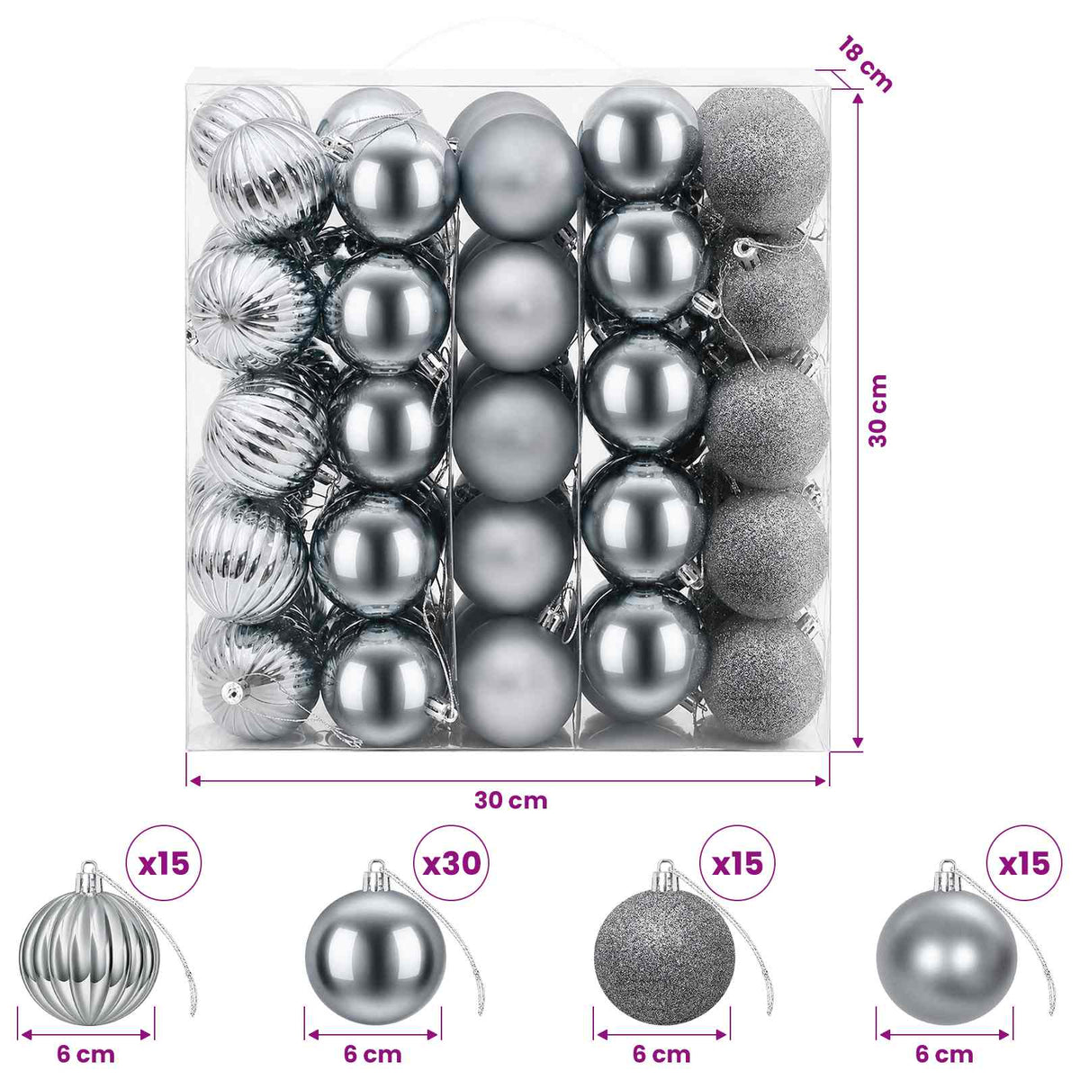 Set božićnih kuglica 75 kom. Siva 6 cm Polistiren
