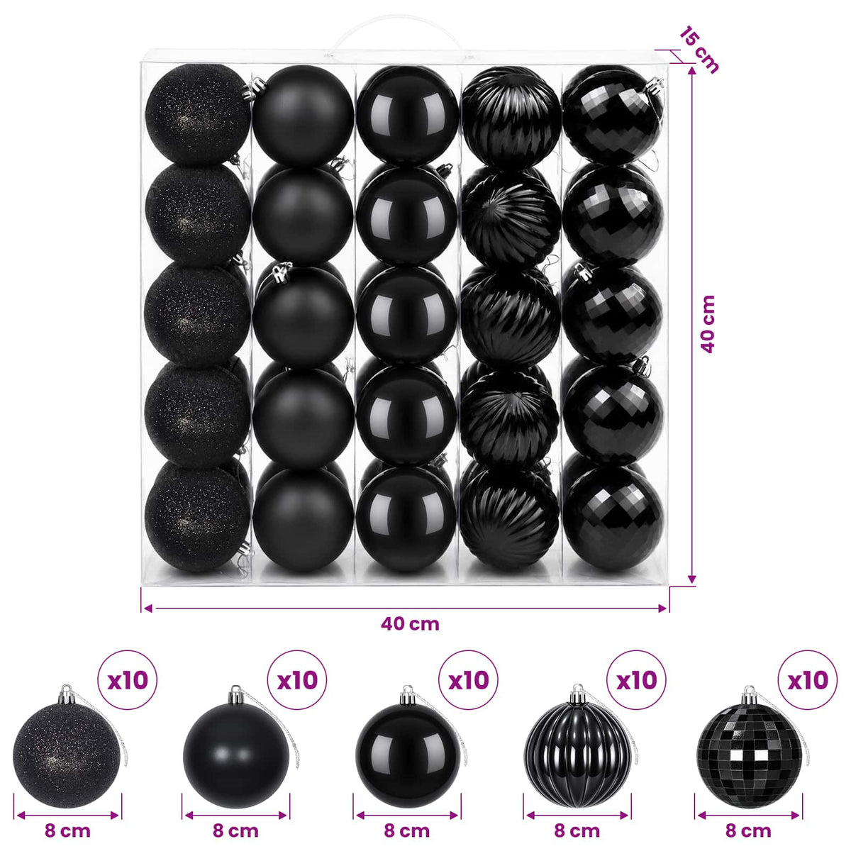Set božićnih kuglica 50 kom. Crna 8 cm Polistiren