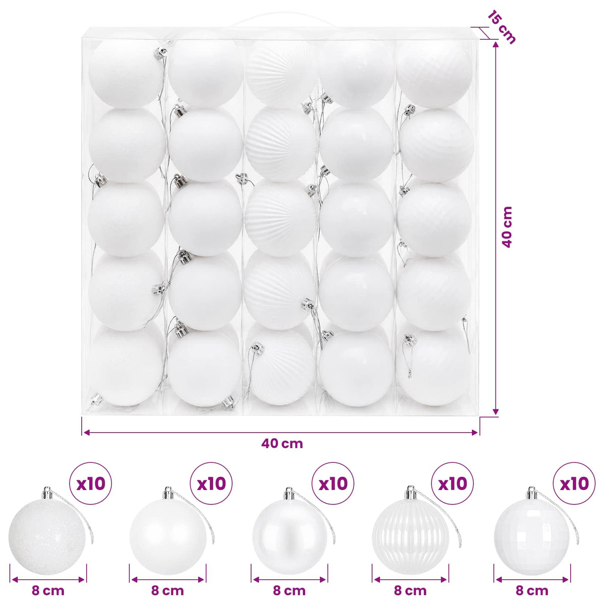 Set božićnih kuglica 50 kom. Bijela 8 cm Polistiren