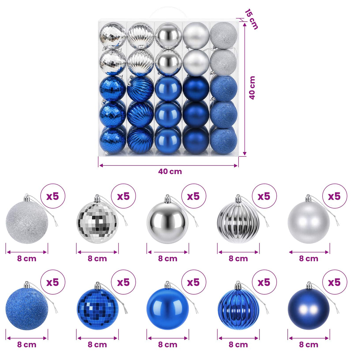Set božićnih kuglica 50 kom. Plava i srebrna 8 cm Polistiren