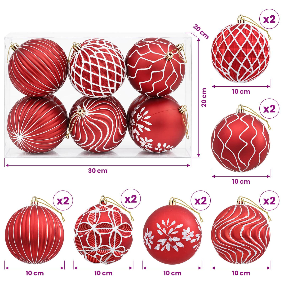 Set božićnih kuglica XL 12 kom. Crvena i bijela 10 cm