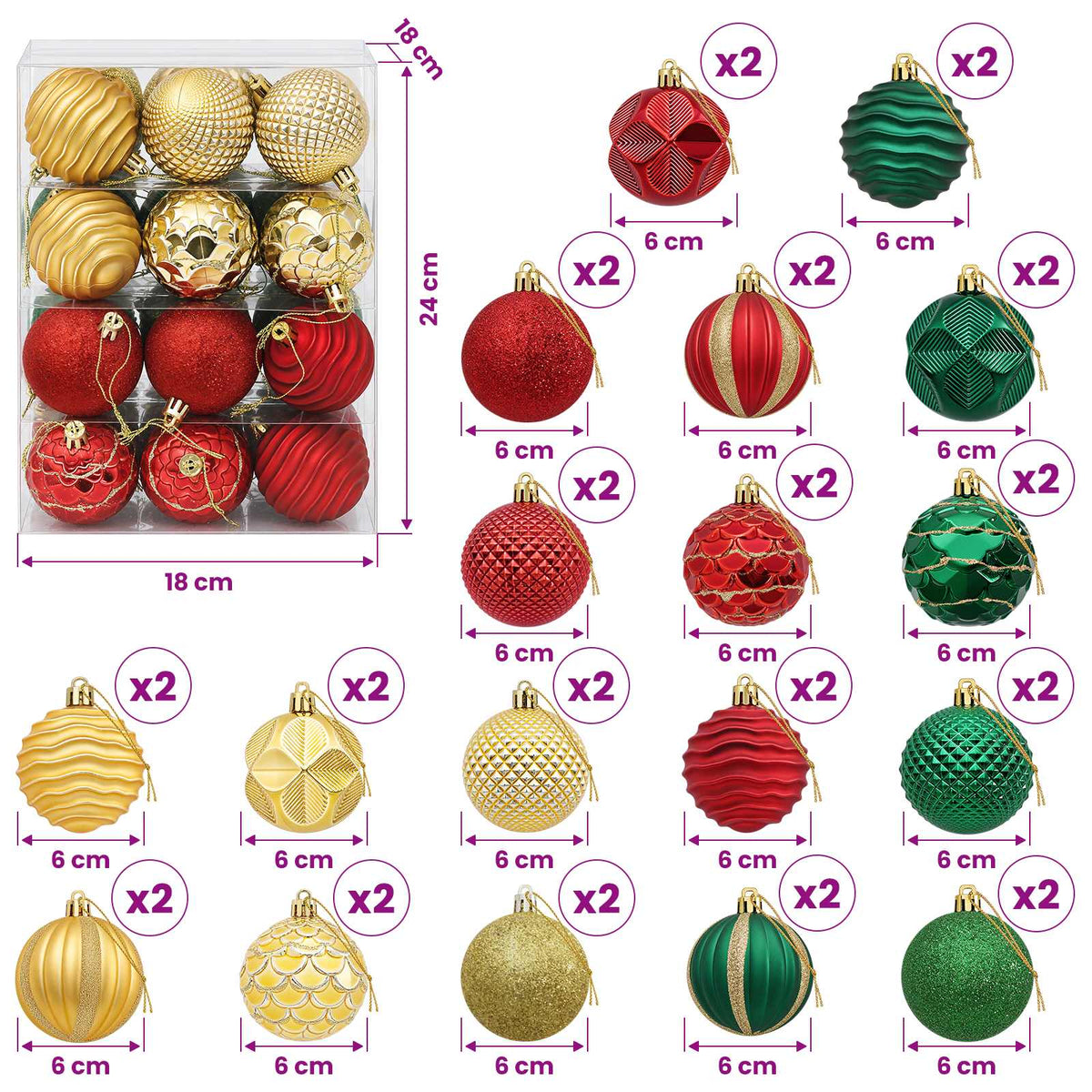 Set božićnih kuglica 36 kom. Crvena, zlatna i zelena 6 cm