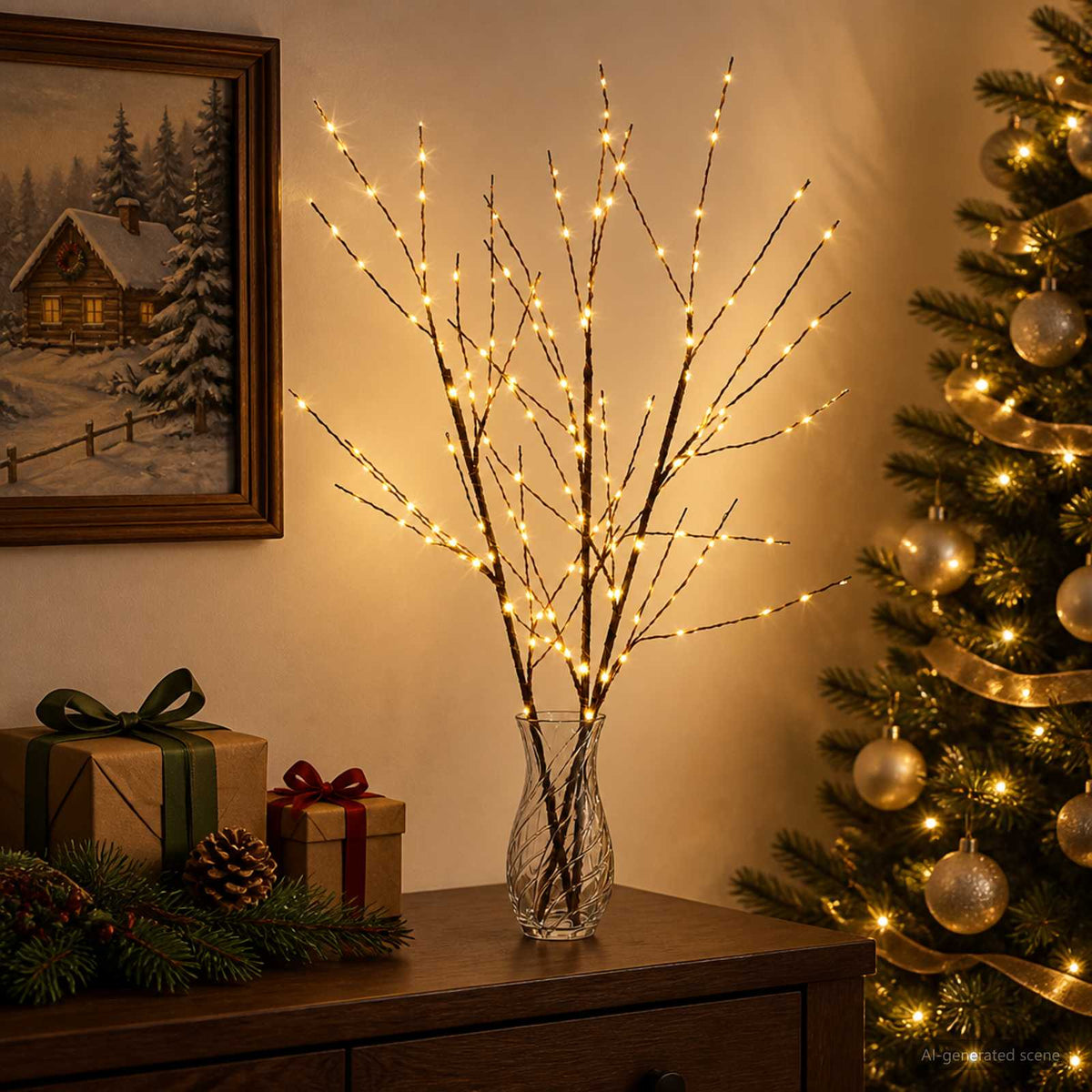 LED bakrena ukrasna božićna grana 3 kom. Smeđa 62 cm Čelik