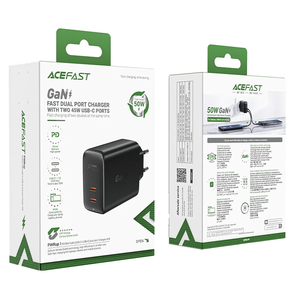 ACEFAST punjač 2 x Type C QC4.0 PD45W GaN A29 crni