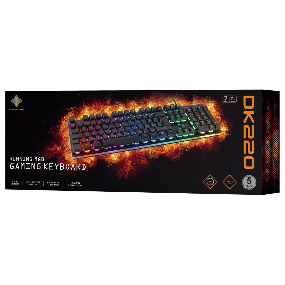 DELTACO GAMING Tipkovnica DK220 Membrane RGB, 25-Anti-ghosting Tipke., CRNA