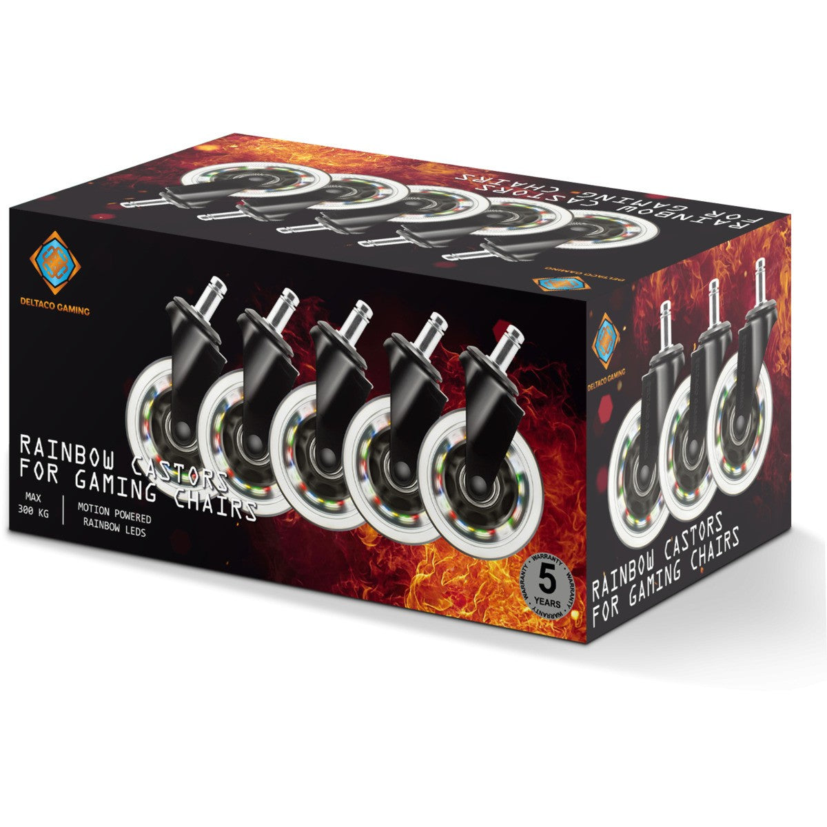 DELTACO Rainbow LED kotačići za igraće stolice, Motion Powered Rainbow LED, 5 komada