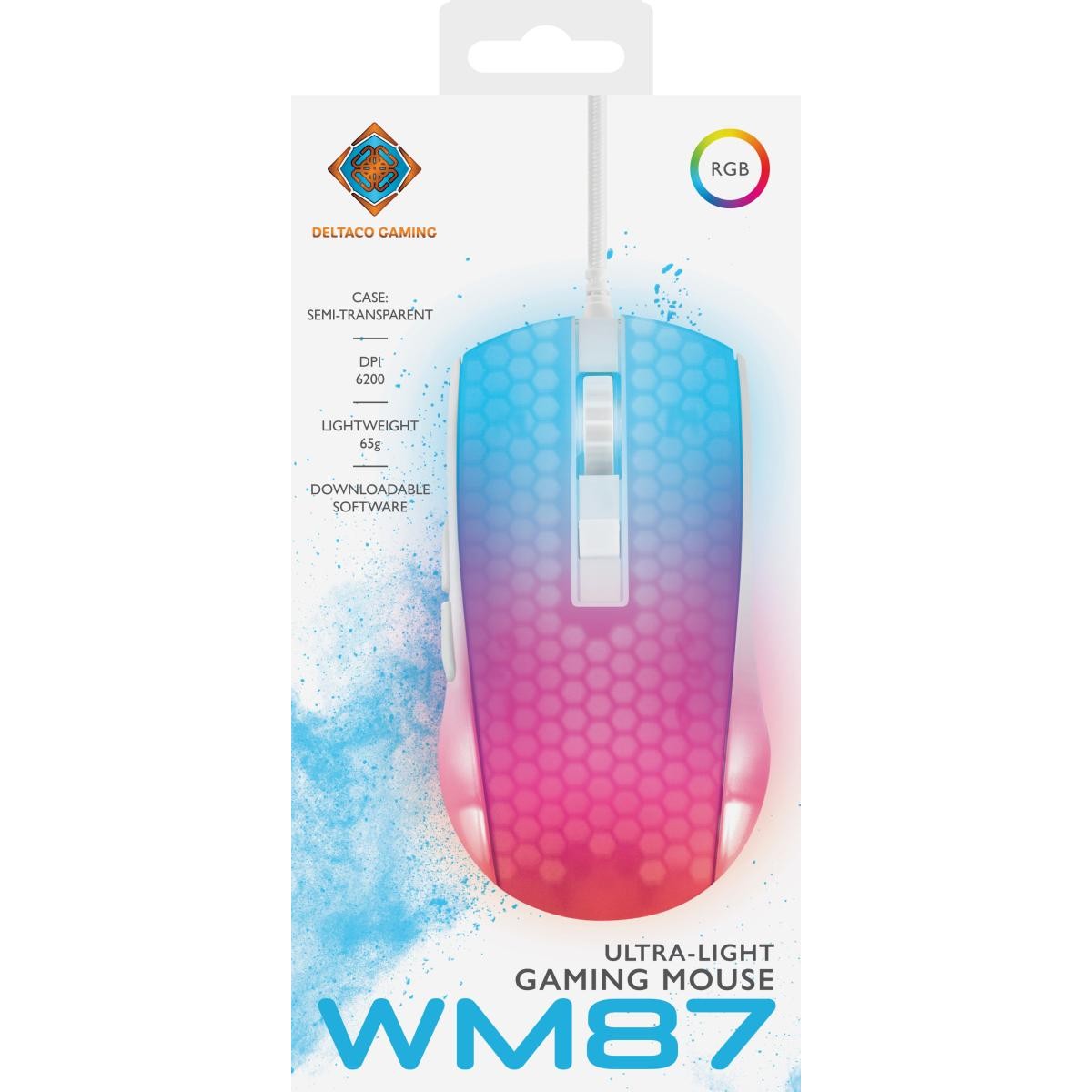 DELTACO GAMING Miš WM87 Polu-transparentan RGB Ultralagan, USB, BIJELI