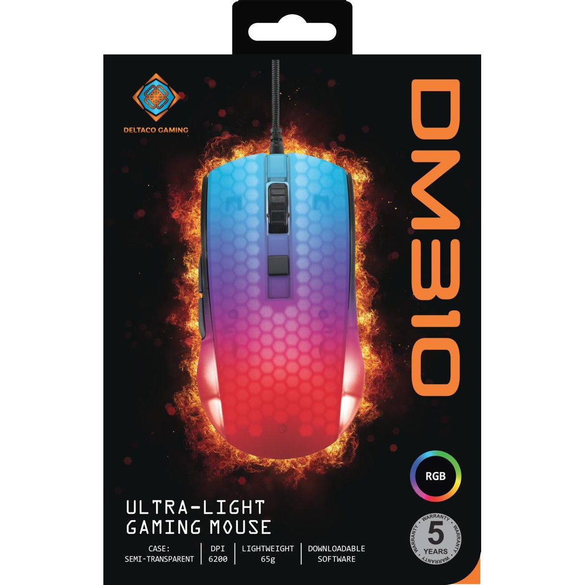 DELTACO GAMING DM310 Semi-Transparent RGB Ultralight Gaming Mouse, black
