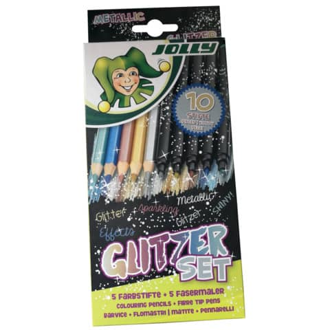 Jolly GLITTER SET v kartonski škatli 5 Supersticks metaliziranih svinčnikov in 5 Superstars metaliziranih svinčnikov s konico iz vlaken