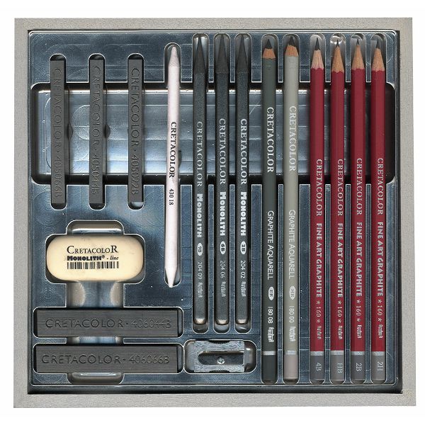 Umetniški komplet Cretacolor SILVER BOX v leseni škatli 17-delni