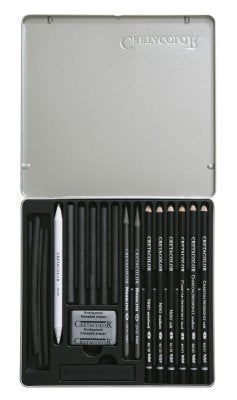 Umetniški kpl Cretacolor črni paket 20/1 (oglje, nero svinčniki, monolitni grafit, paličica za blendanje barv, radirka…)