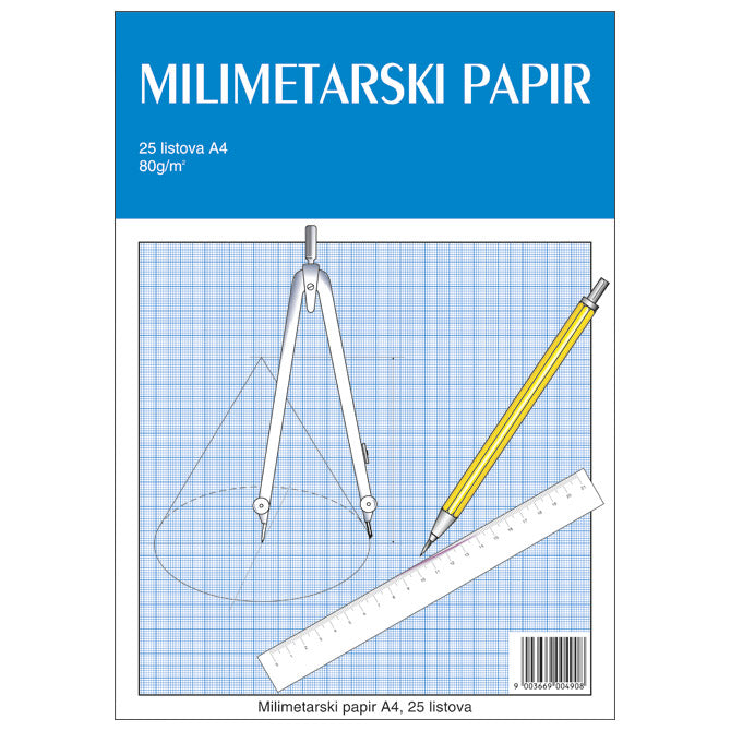 Risarski blok z milimetrskim papirjem A4, 25 listov za tehnično risanje