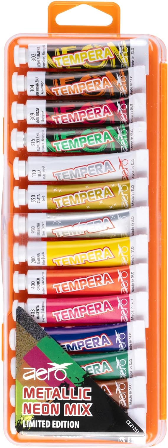 Tempera barve Aero 7,5ml tubice 14 kosov v plastični škatli METALIK NEON MIX