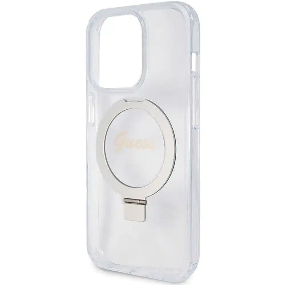 Originalna GUESS Hardcase GUHMP15XHRSGSD torbica za iPhone 15 Pro Max (Magsafe / Glitter Script Logo / stalak za prsten / prozirna)
