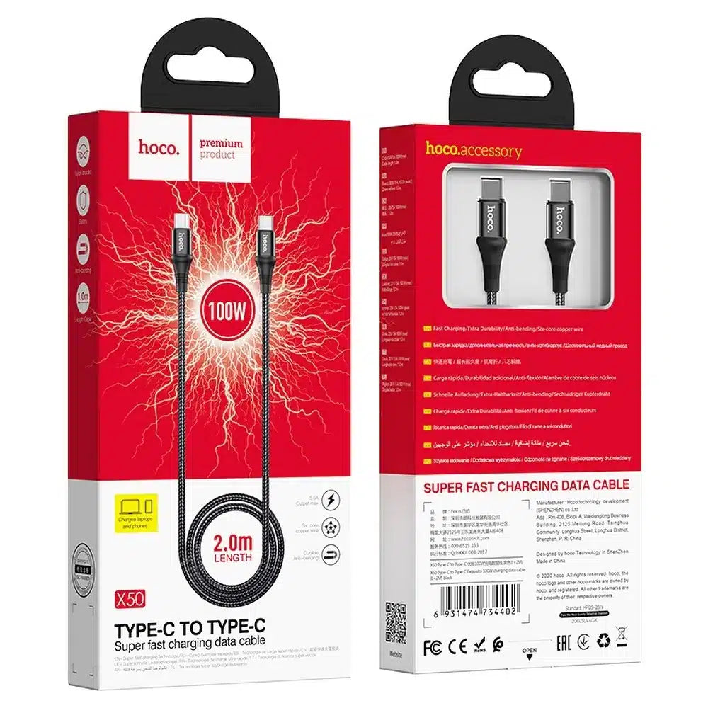 HOCO kabel tipa C na tip C Exquisite Power Delivery PD 100W X50 2 metra crni