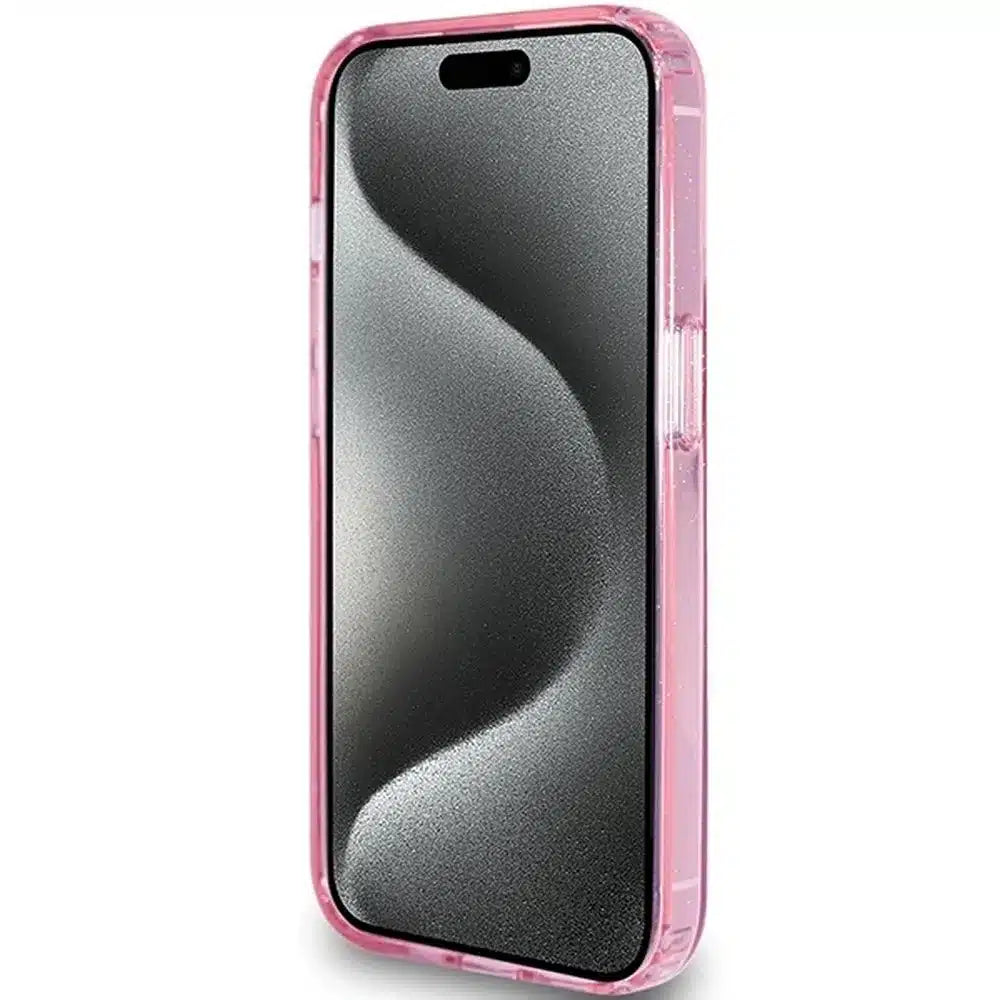 Originalna GUESS Hardcase GUHMP15XHRSGSP torbica za iPhone 15 Pro Max (Magsafe / Glitter Script Logo / stalak za prsten / pink)