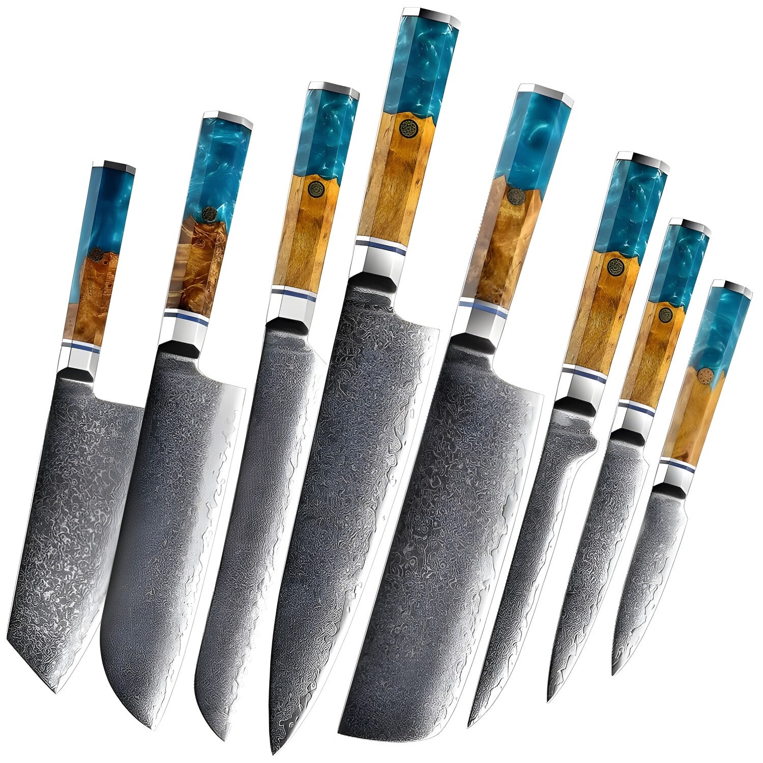 Set damaskih kuhinjskih noževa AO-20188 - Smeđa / Plava KP20188