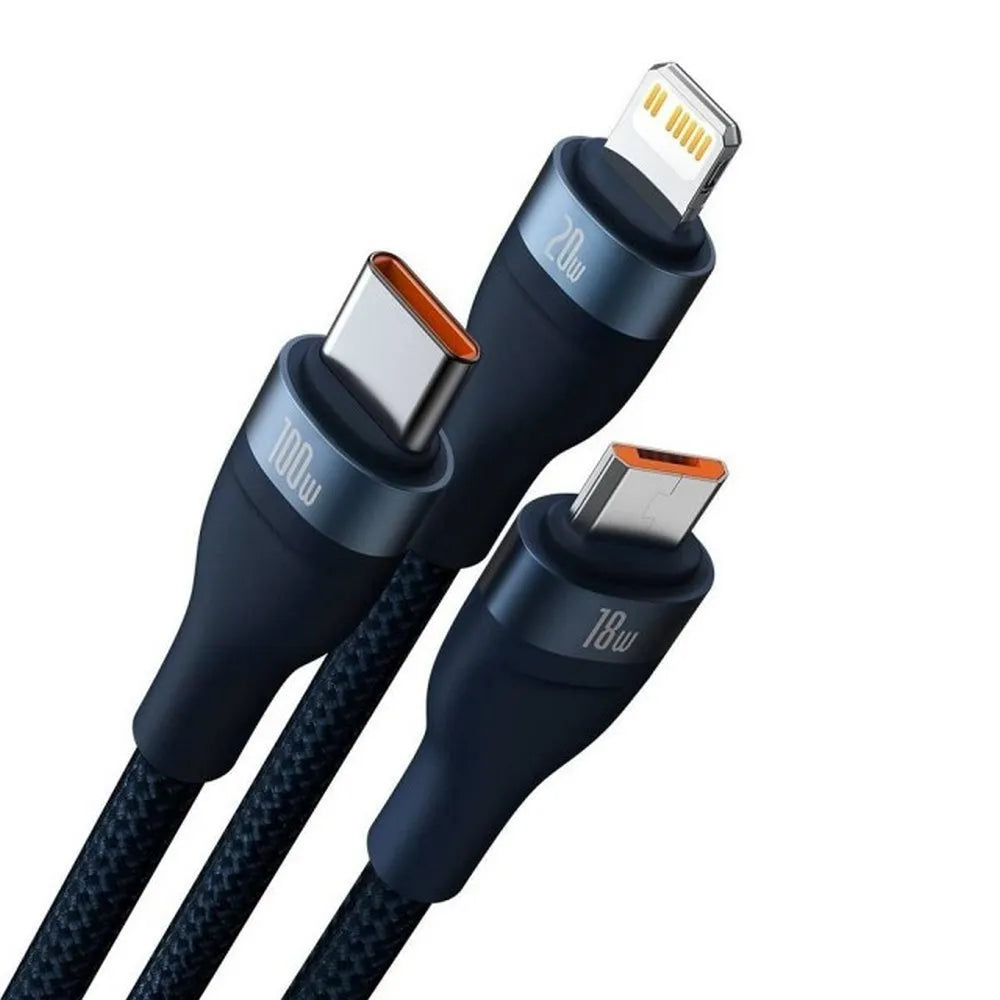 BASEUS USB kabel 3u1 Flash Series II USB A to Micro + Lightning 8-pin + Type C 100W 1.2m plavi