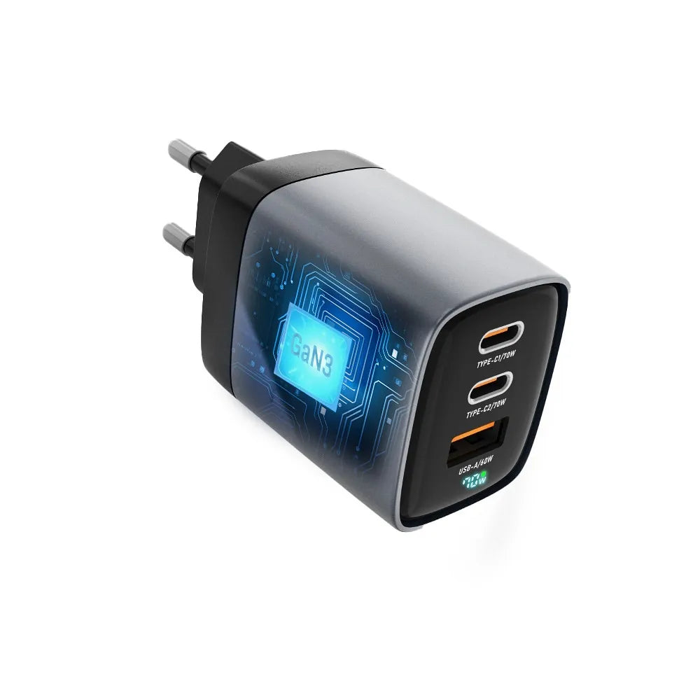 FORCELL F-ENERGY GaN III VT-37 mrežni punjač s LCD zaslonom 2 x Type C + USB A PD QC4.0 SAM SFC2.0 3.45A 70W sivi