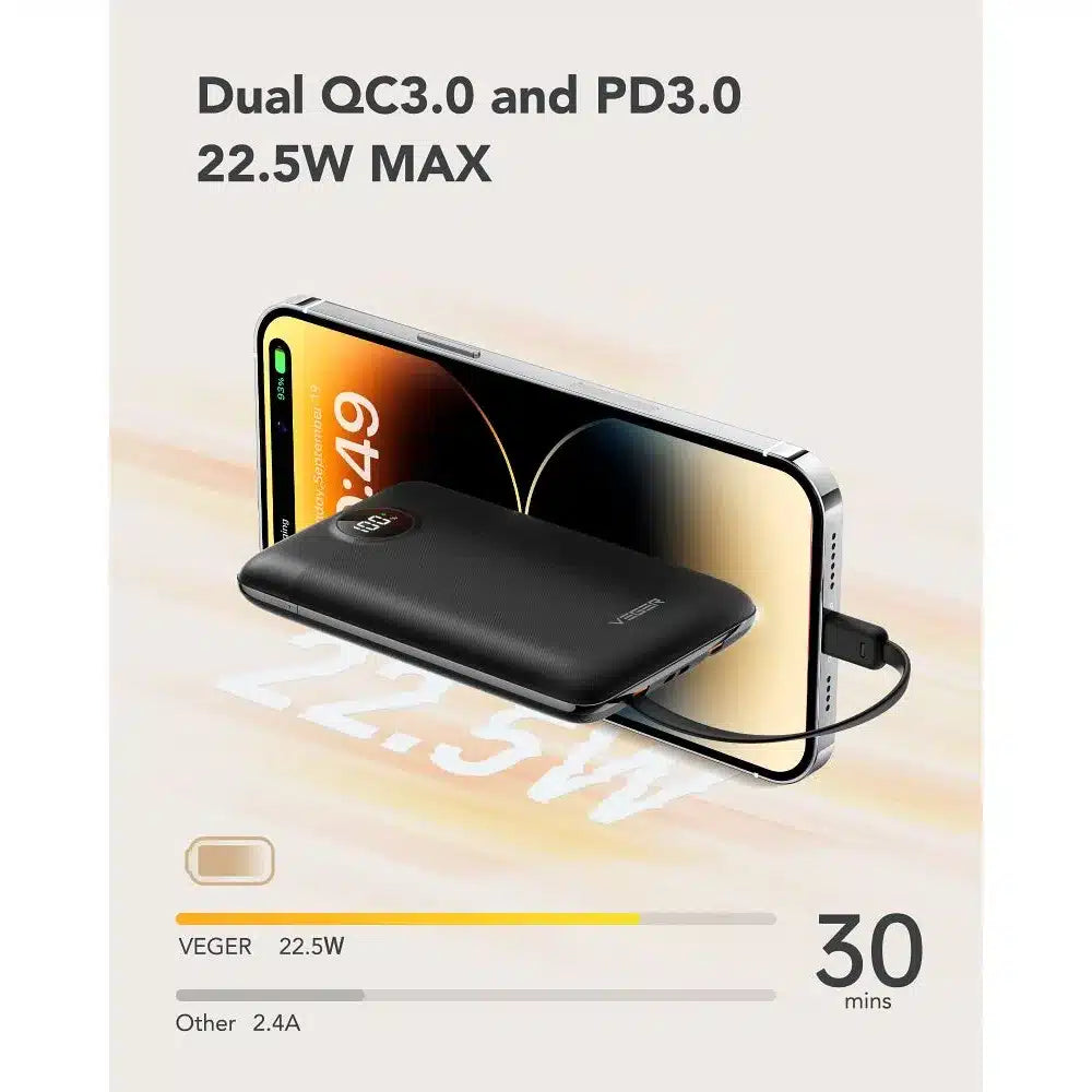 VEGER powerbank 10000 mAh s ugrađenim kabelima Type C / Lightning PD QC3.0 2A 22.5W C11 (W1170) crni