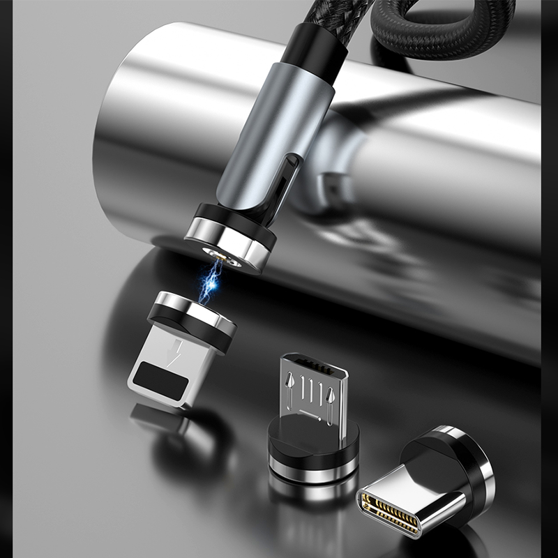 Dudao magnetski USB kabel + komplet utikača Lightning / USB Type C / Micro USB 3 A 1 m siva