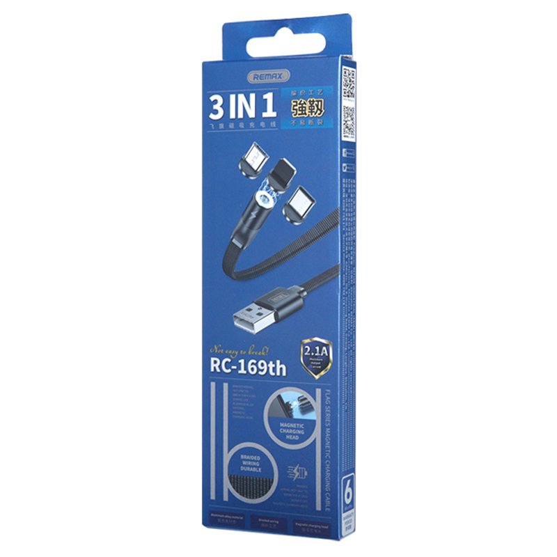 REMAX magnetski USB kabel + komplet utikača Lightning / USB tip C / mikro USB 2.1A 1m