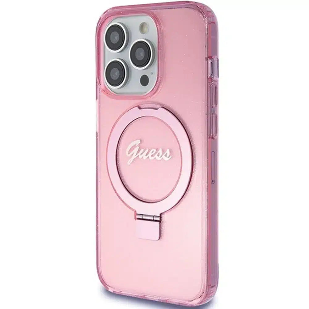 Originalna GUESS Hardcase GUHMP15XHRSGSP torbica za iPhone 15 Pro Max (Magsafe / Glitter Script Logo / stalak za prsten / pink)