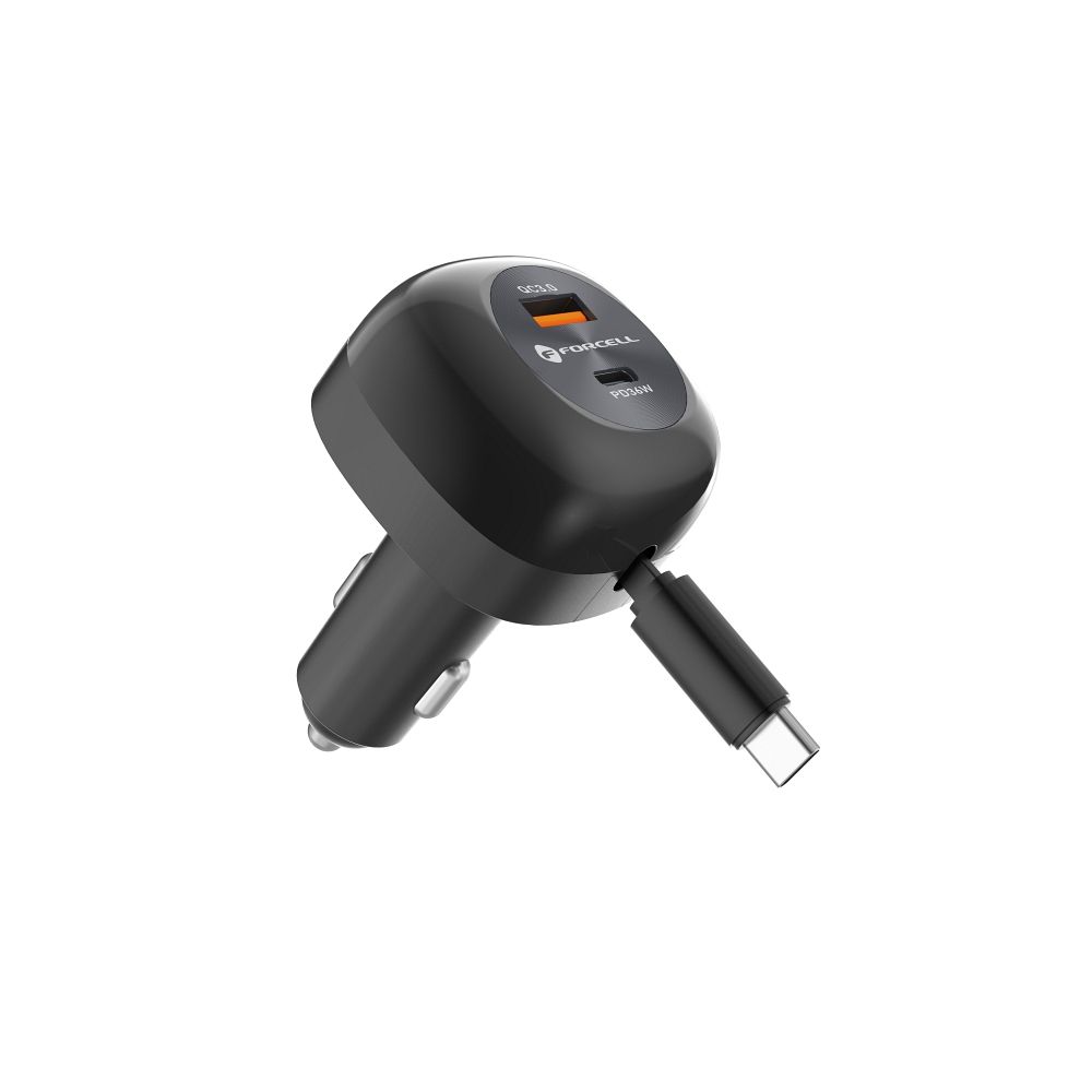 Auto punjač Forcell F-Energy Alu USB C + USB A + uvlačivi kabel USB C PD QC4.0 SFC2.0 3A 75W crni