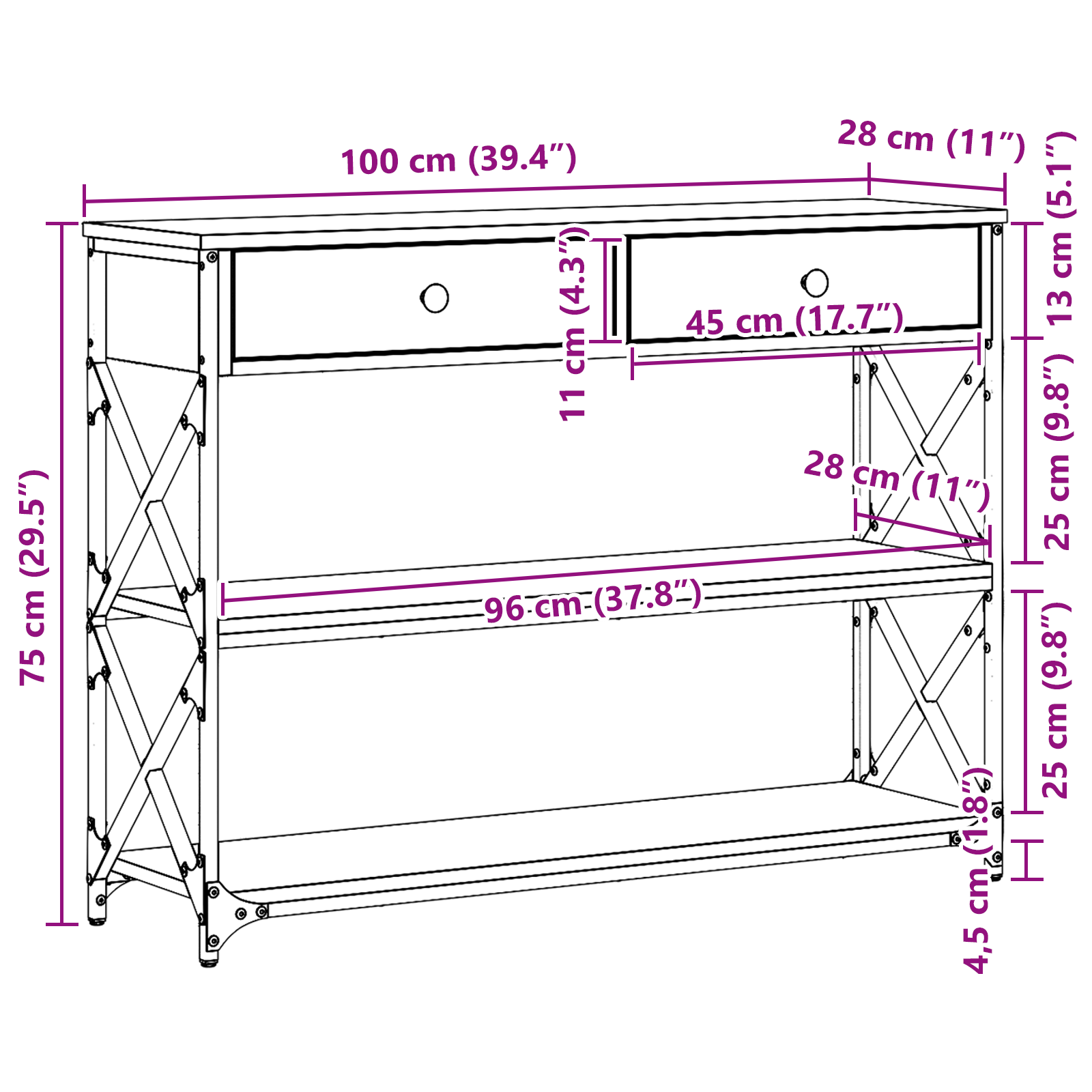 Konzolna stolica s ladicama Staro drvo 100 x 28 x 75 cm