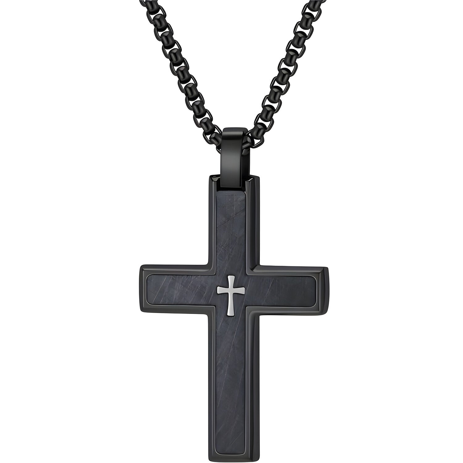 Muška Ogrlica s Križem VQ-38806 - Crna / Srebrna / 60cm KP38806
