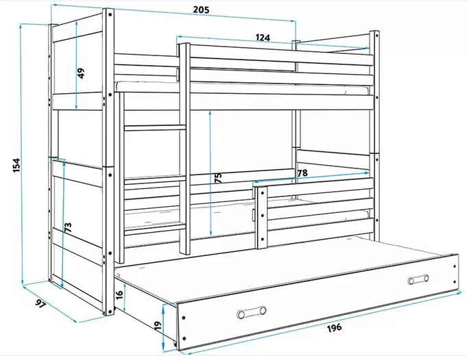 Krevet BMS Rico na kat za 3 osobe 200x90 cm, PINE