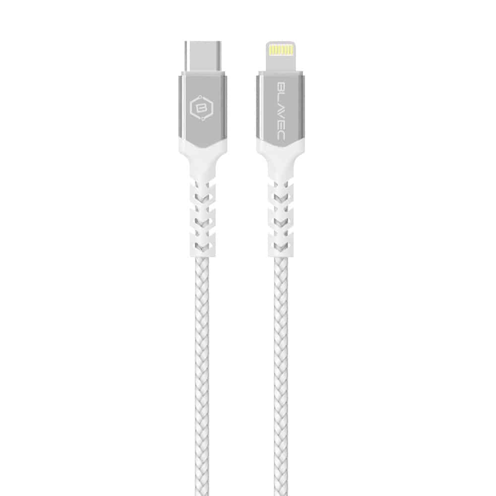 BLAVEC RAPTOR OPLETENI KABEL – TYPE- C NA LIGHTNING – PD 20W 2.4A 0.25 m bijelo-srebrni