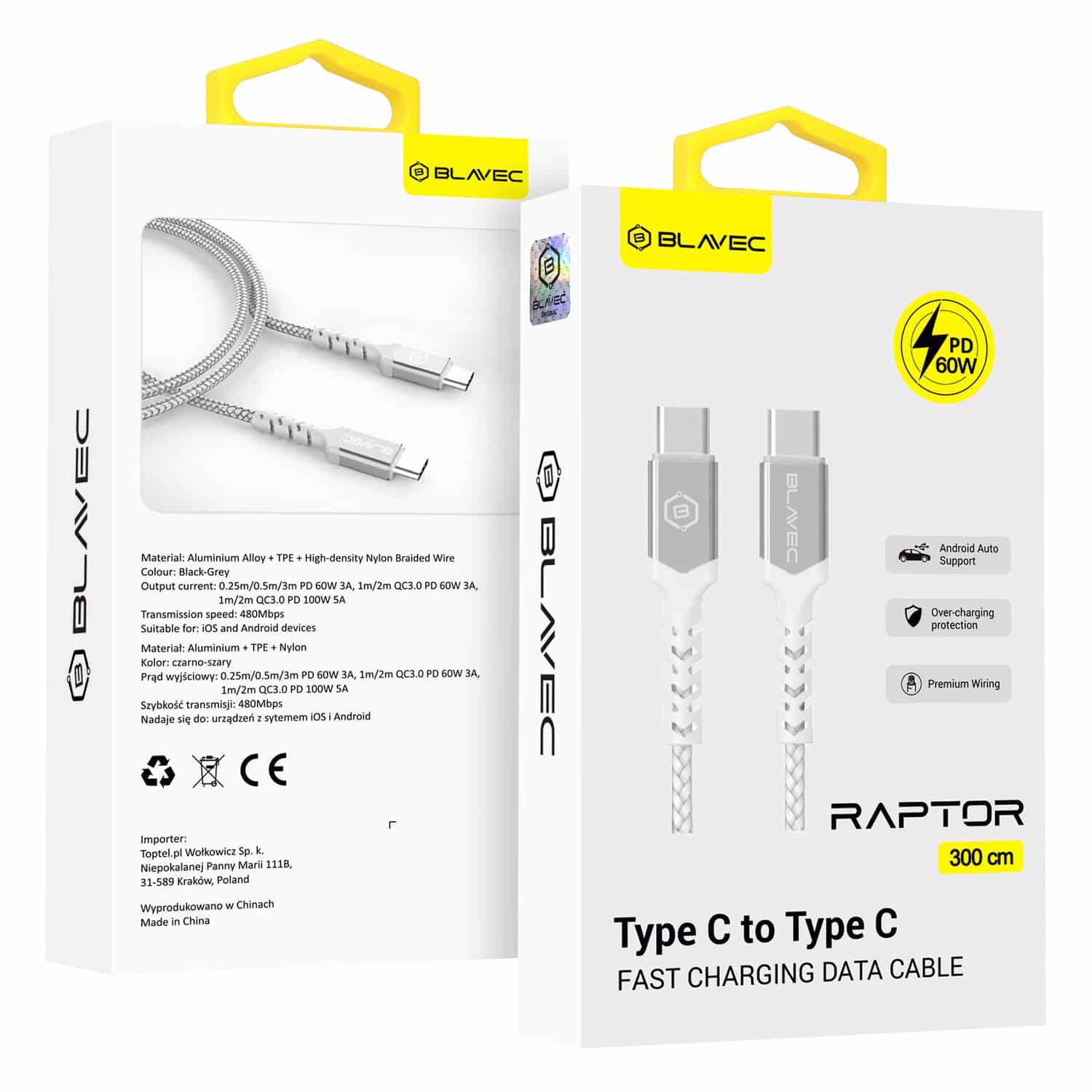 BLAVEC RAPTOR OPLETENI KABEL – TIP C DO TIP C – PD 60W 3A 300 cm – bijelo-srebrni
